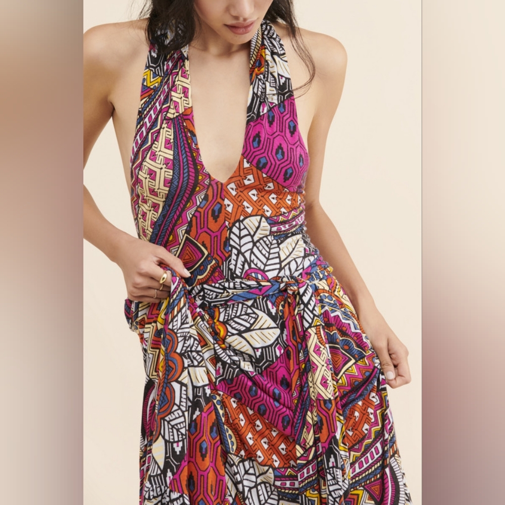 NWT Anthropologie Maeve Cynthia Halter Maxi Dress Womens XL Colorful V-neck